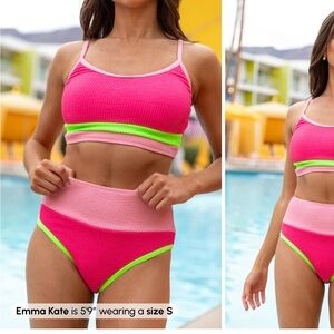 Pink Lily Hot Pink & Neon Green Knit Bikini Set